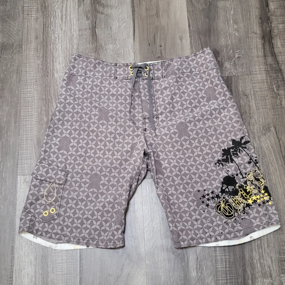 H&M Gray Patterned Swim Trunks with Geometric And Skull Print